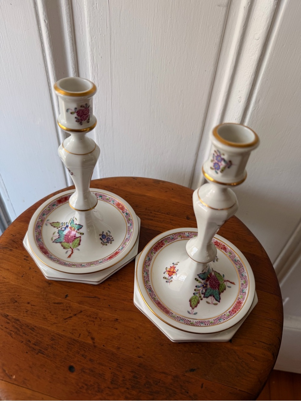 Herend Chinese Bouquet Apponyi Porcelain Candlestick Pair 7” Multi-color